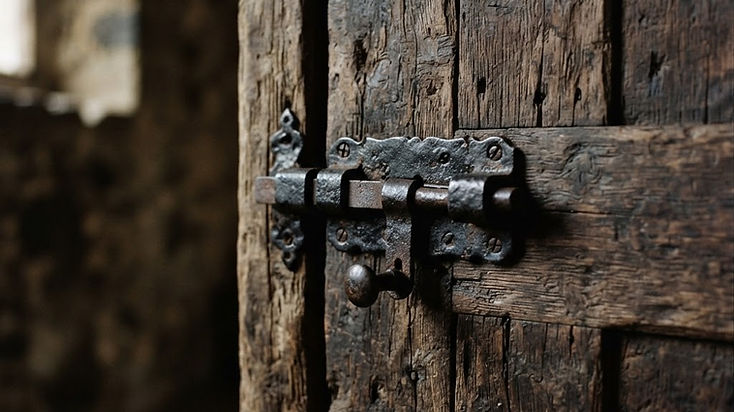 Une porte en bois rustique avec un verrou en fer solide, symbolisant la sécurité et la protection.