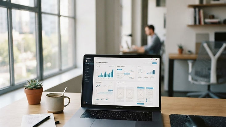 Bureau de travail moderne et épuré avec un ordinateur affichant des données d'analyse et des plans d'architecture web.