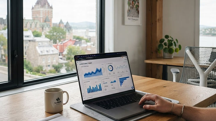 A laptop on a wooden desk in a bright workspace in Quebec City