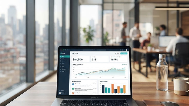 Modern office with a computer showing a professional CRM dashboard