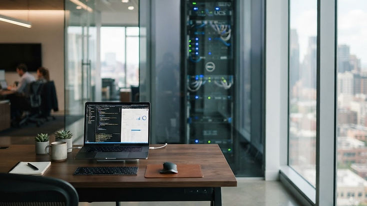 Professional computer server in a modern, bright office.