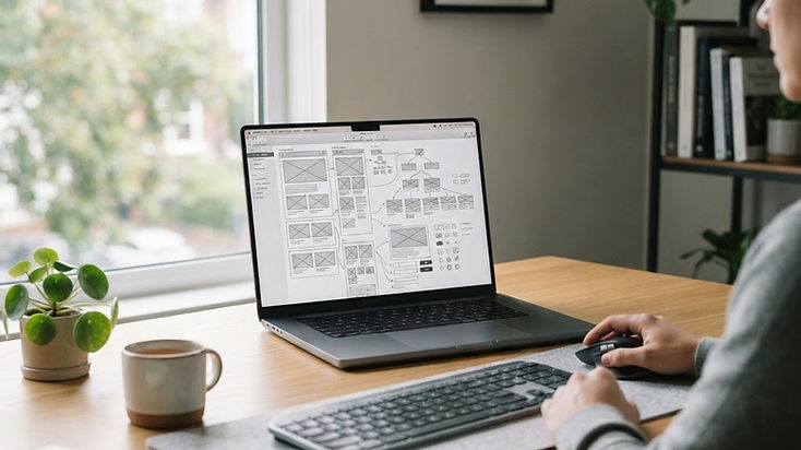 Bureau moderne avec un écran d'ordinateur affichant une architecture de site web propre et professionnelle.