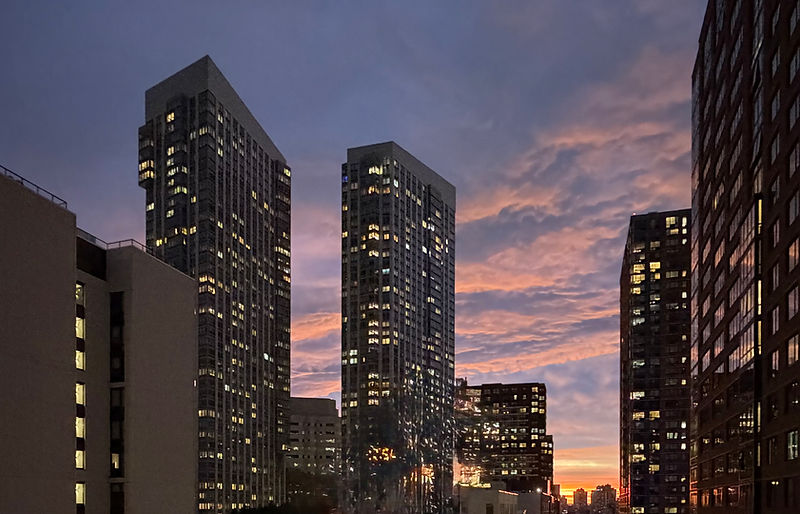 Jersey City streetscape at dusk