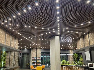 Commercial lobby with recessed lighting in a circular-grid drop ceiling