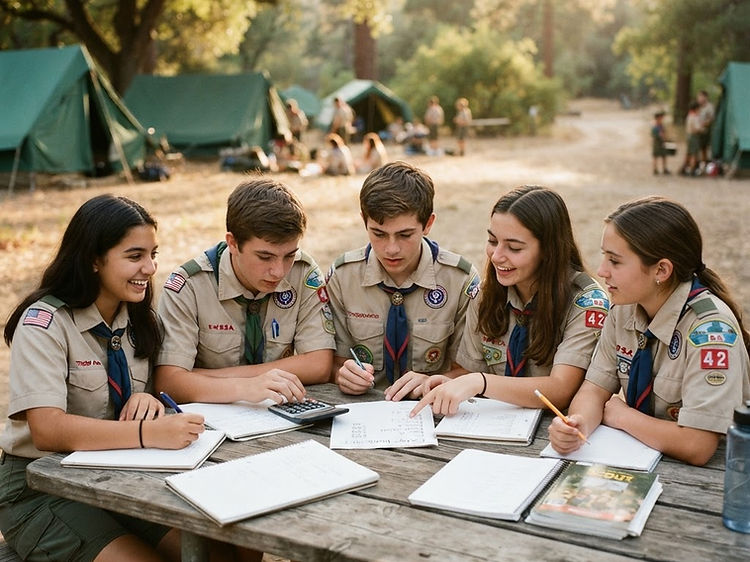 Scouts planning a budget around a camp table