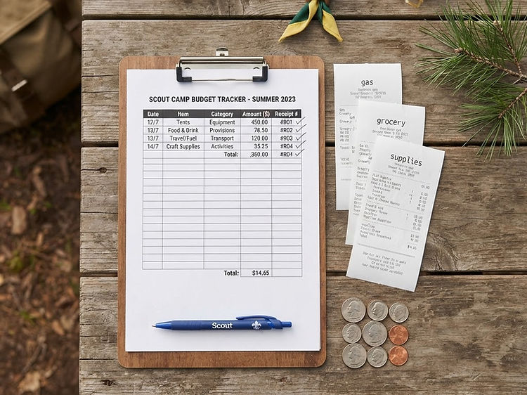 A clipboard with a budget spreadsheet and receipts