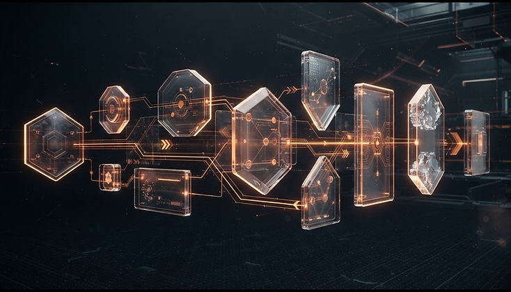 Floating glass panels connected by amber light lines representing a three step automation workflow