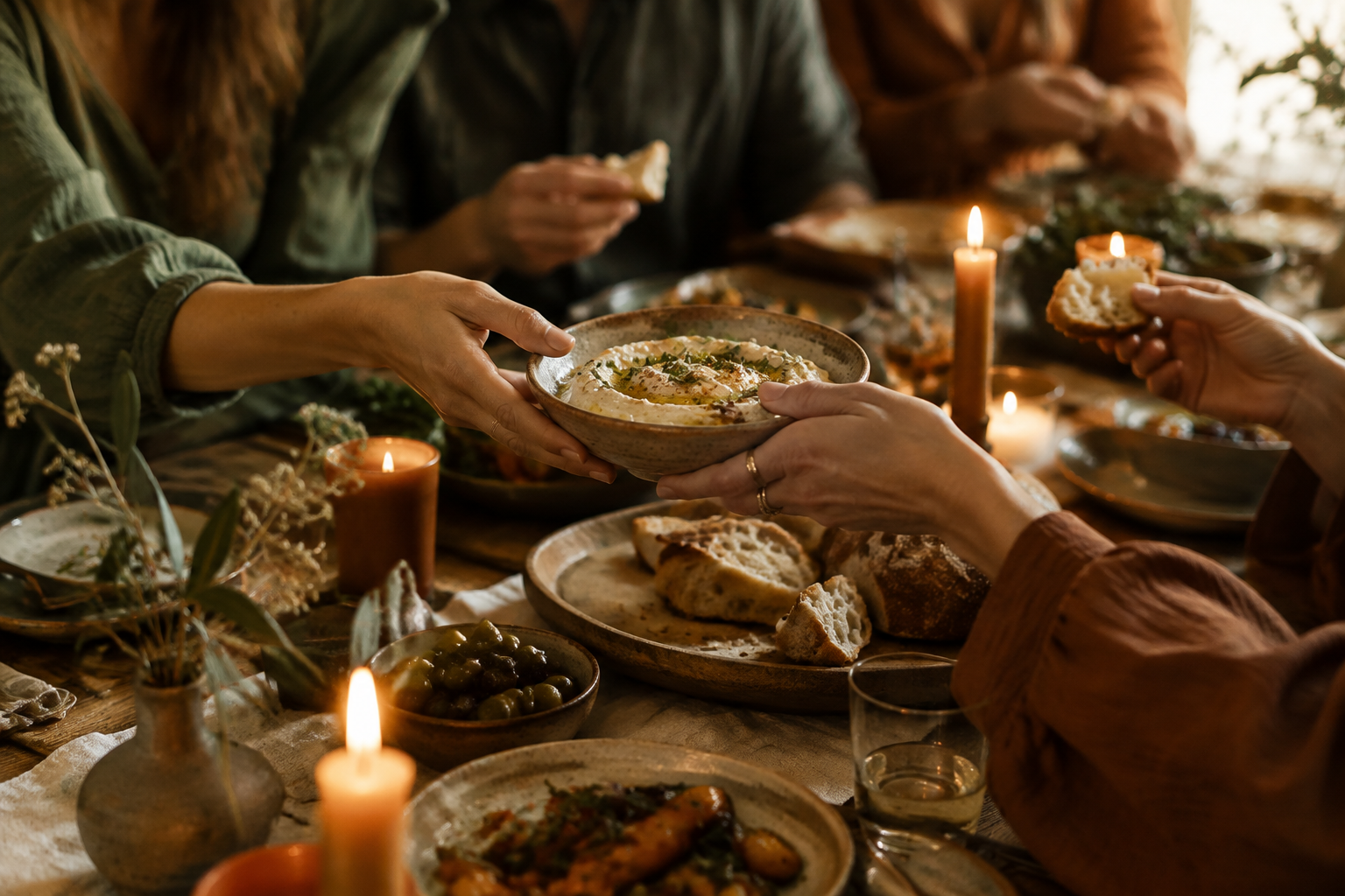 Friends sharing food at a dinner party
