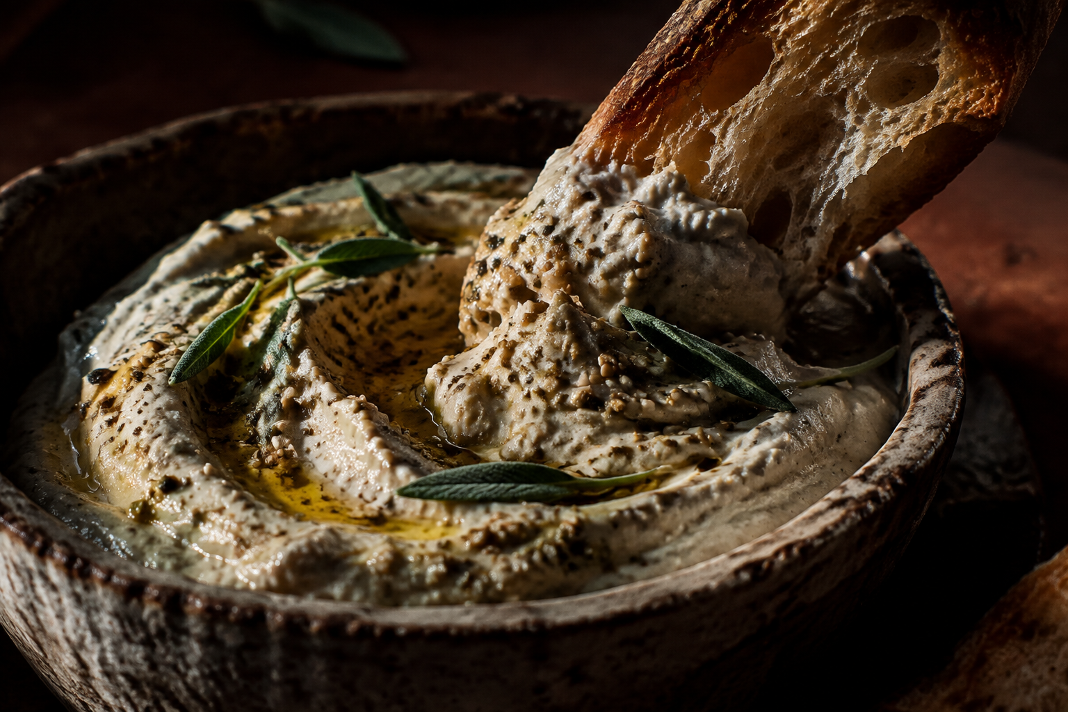 A creamy artisanal dip scooped with sourdough