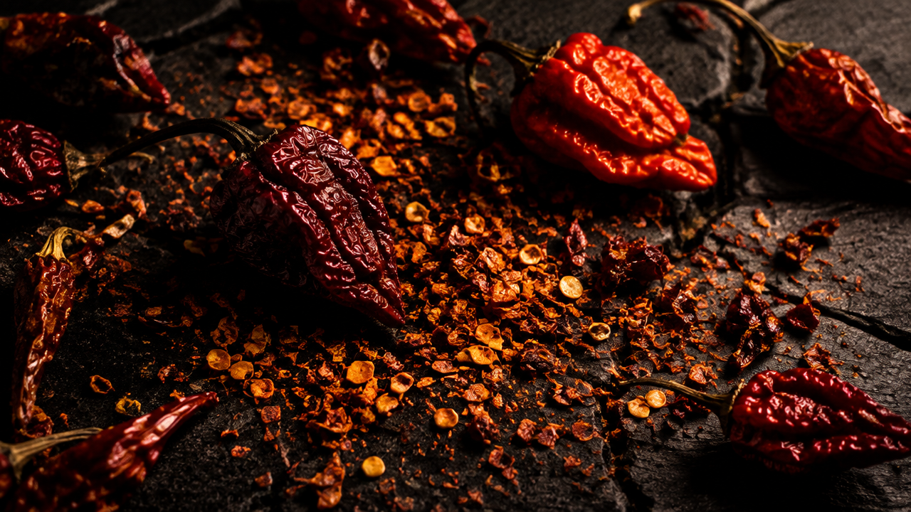 Dried hot chilies on dark stone