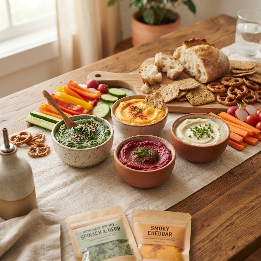 A table set with Yummy Dips and fresh bread