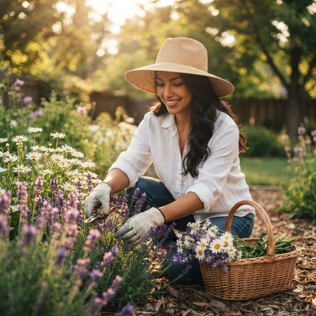 In her flower garden