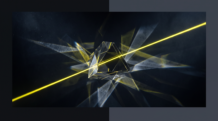 A glass prism refracting an electric-yellow beam into sculptural shards of light.