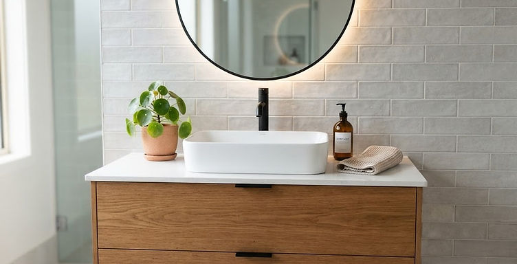 Modernes Badezimmer mit Holzwaschtisch und beleuchtetem Spiegel