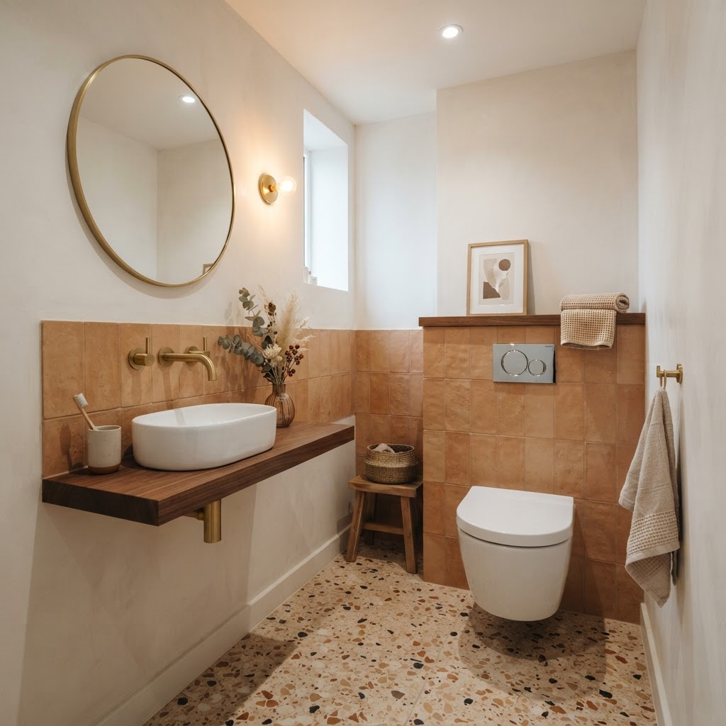 Modernes Gäste-WC mit wandhängendem WC, Terrakottafliesen und Messingarmaturen