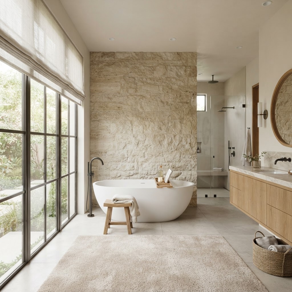 Modernes Badezimmer mit bodengleicher Dusche und großformatigen Fliesen