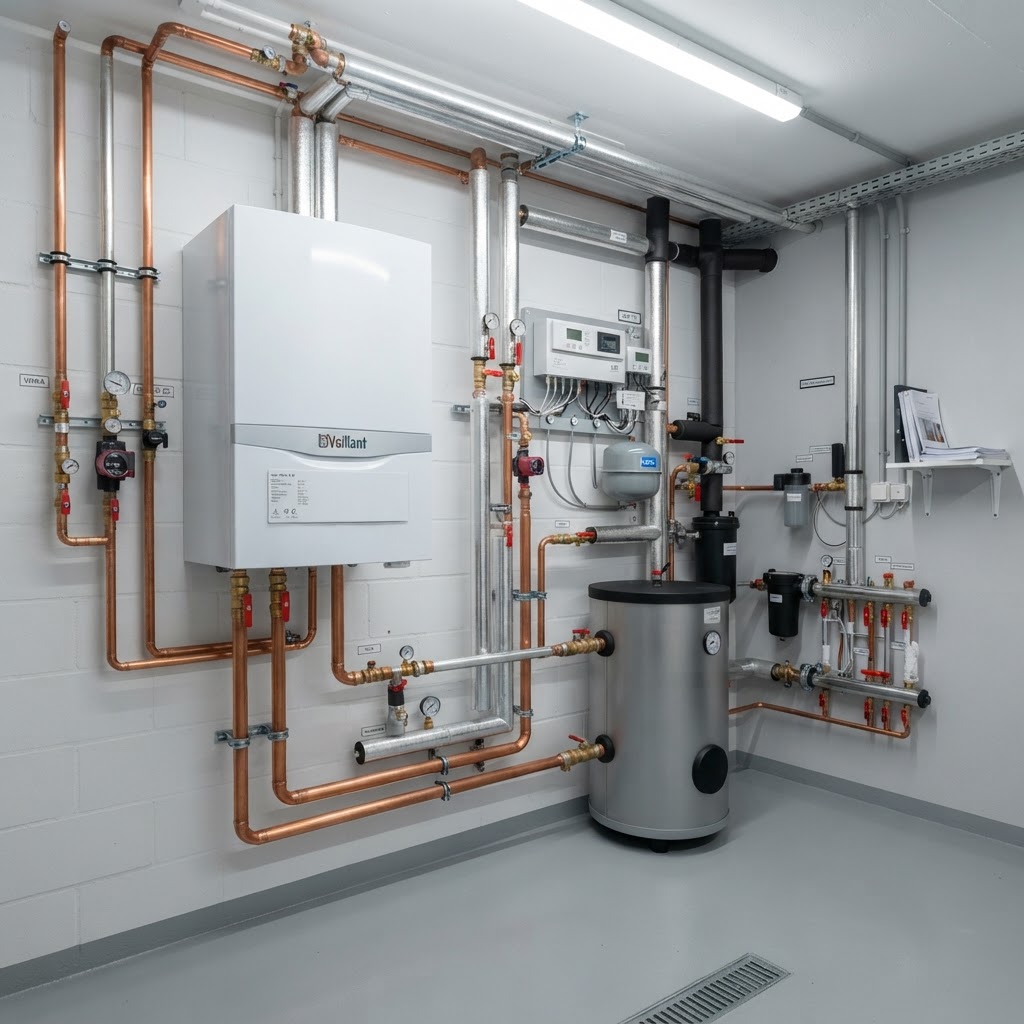 Moderne Wärmepumpe mit sauber verlegten Leitungen im Technikraum
