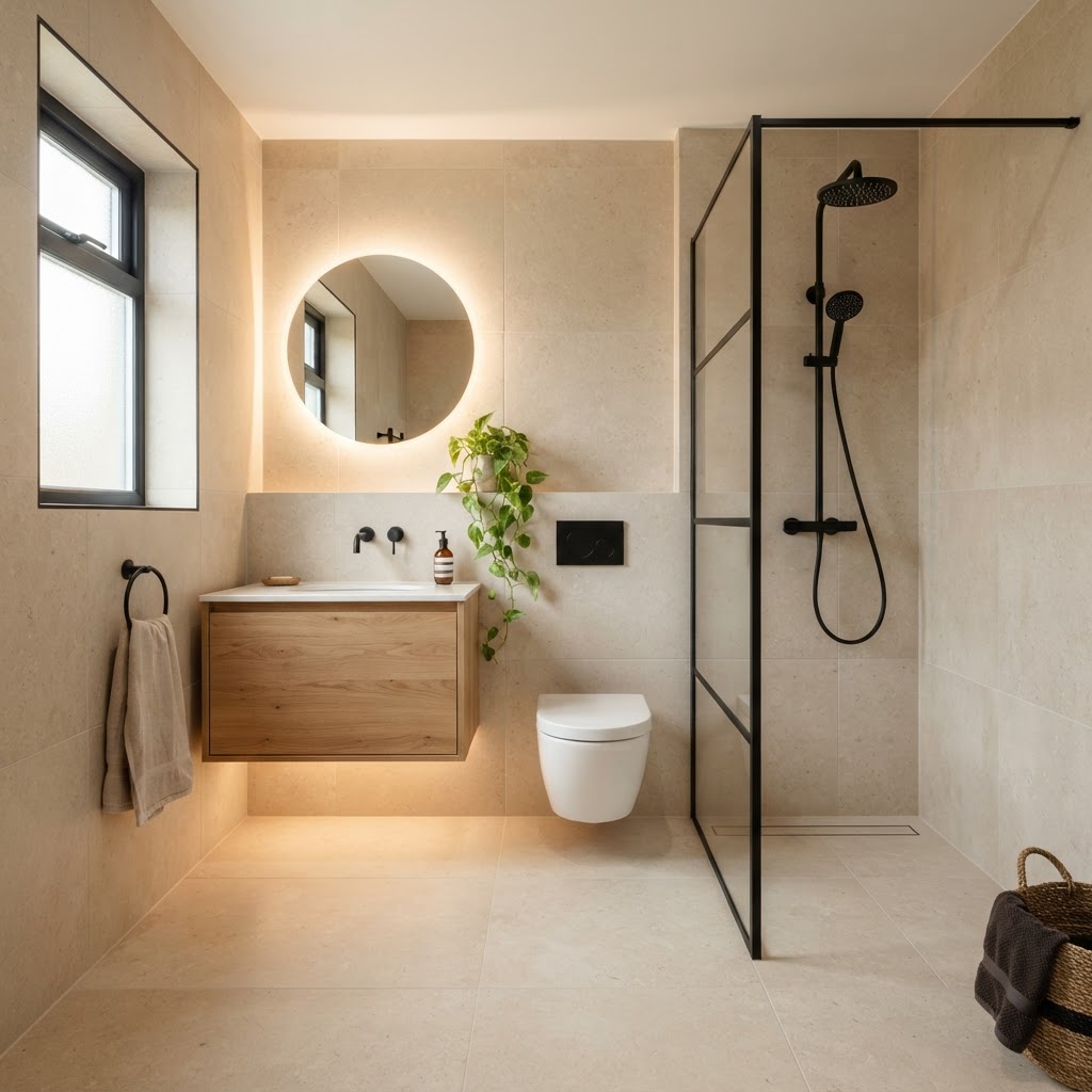 Kompaktbad mit bodengleicher Walk-in-Dusche, schwarzen Armaturen und Eichenwaschtisch