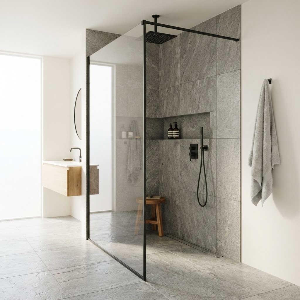 Modernes Badezimmer mit bodengleicher Dusche und großformatigen Fliesen