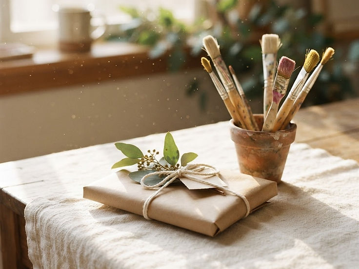 A paper parcel tied with twine beside eucalyptus and paintbrushes in warm afternoon light