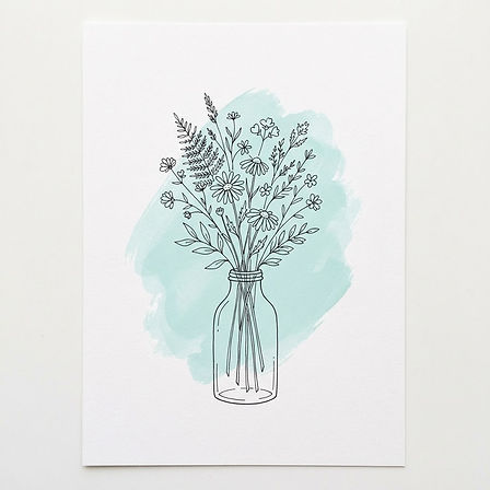 Hand-drawn illustration of wildflowers in a vase on a soft teal brush stroke