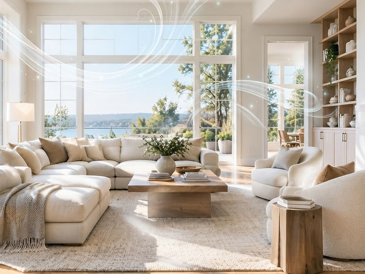 Illustration of a bright modern living room with fresh, clean airflow circulating through the space