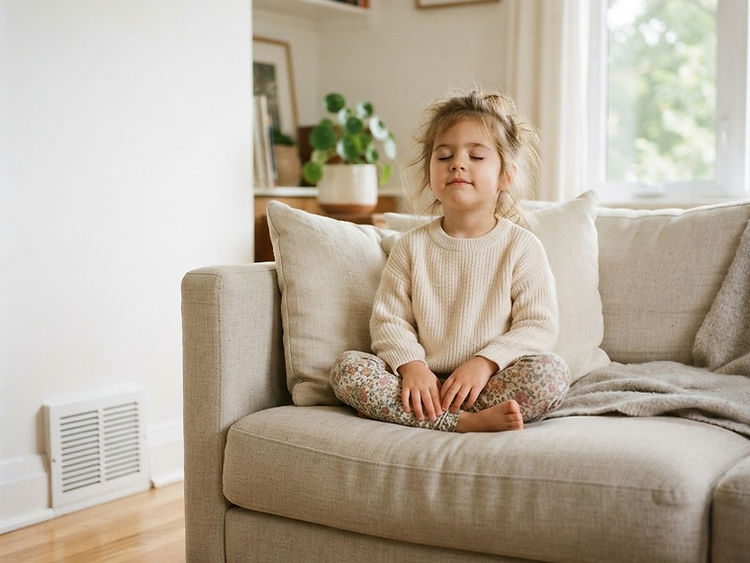 Child relaxing in a fresh, airy living room with a clean wall vent