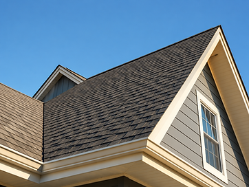 Clean modern residential shingle roof against a clear blue sky