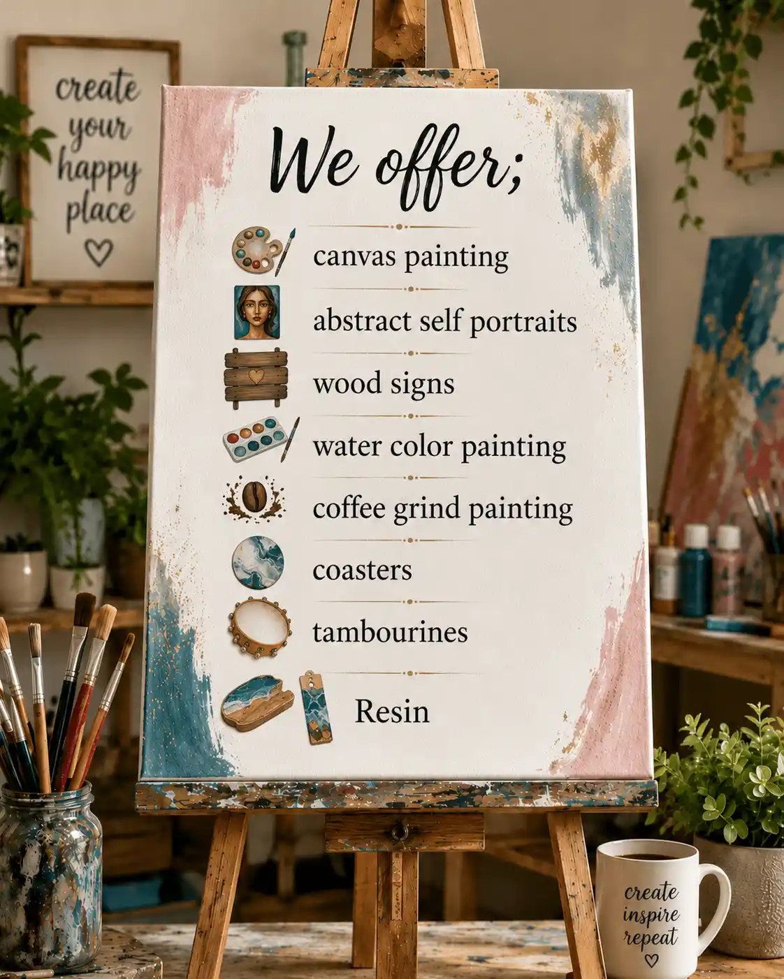 We offer - canvas painting, abstract self portraits, wood signs, water color painting, coffee grind painting, coasters, tambourines, resin