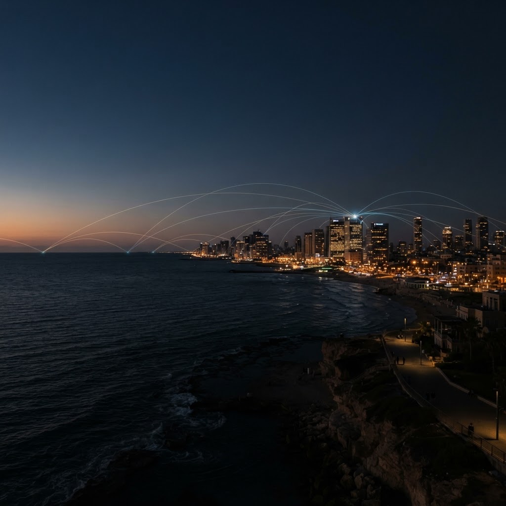 Tel Aviv at blue hour with network connections extending across the horizon