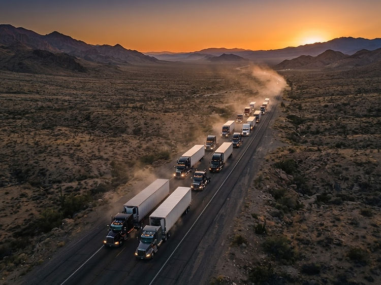 Convoy of trucks on a desert highway at sunset