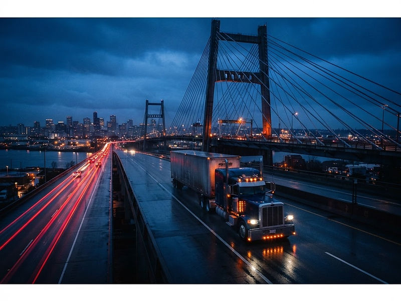 Semi truck crossing a bridge at dusk