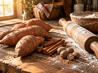 Raw sweet potatoes and spices on a wooden counter