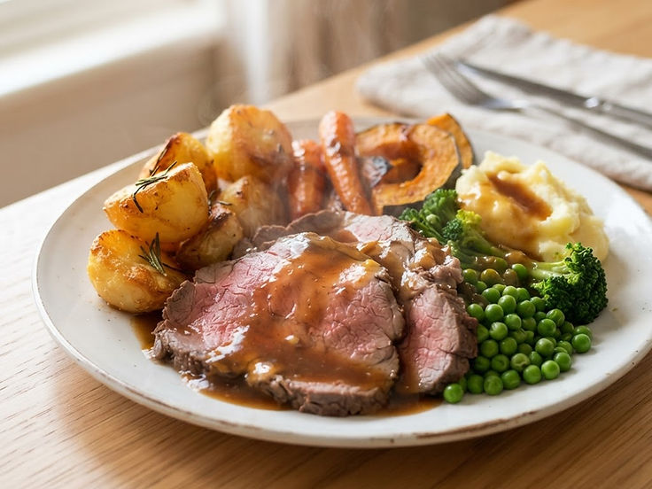 A roast dinner with sliced beef, roast vegetables and gravy