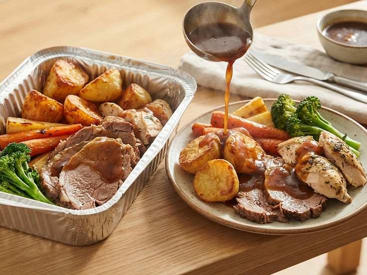 A hot roast dinner with sliced meat, potatoes, vegetables and gravy