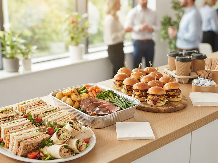 Platters of sandwiches and wraps with a hot roast dinner and coffee
