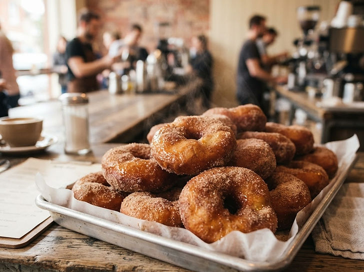 Fresh hot cinnamon donuts dusted with cinnamon sugar in a tray