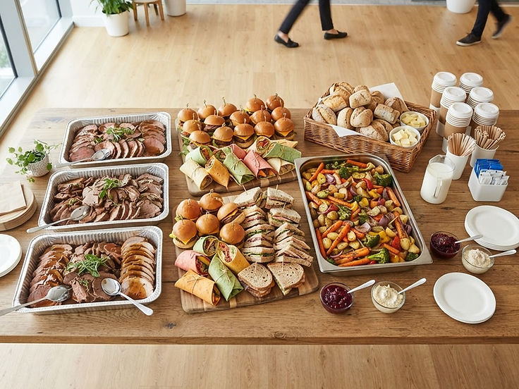 A catering spread with trays of roast meat, burgers, wraps and coffee