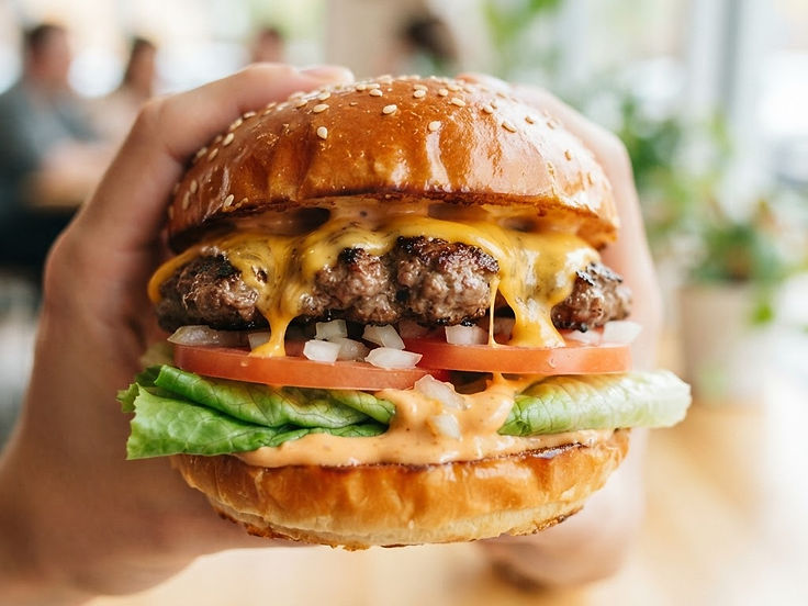 A stacked cheeseburger with melted cheese, lettuce and tomato