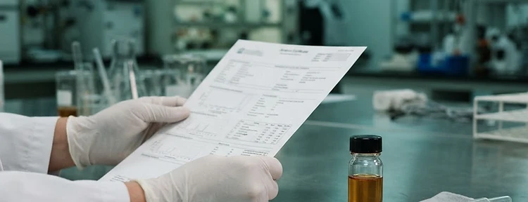Analysis certificate and oil sample in the laboratory