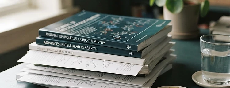 Scientific literature and omega-3 capsules on a desk