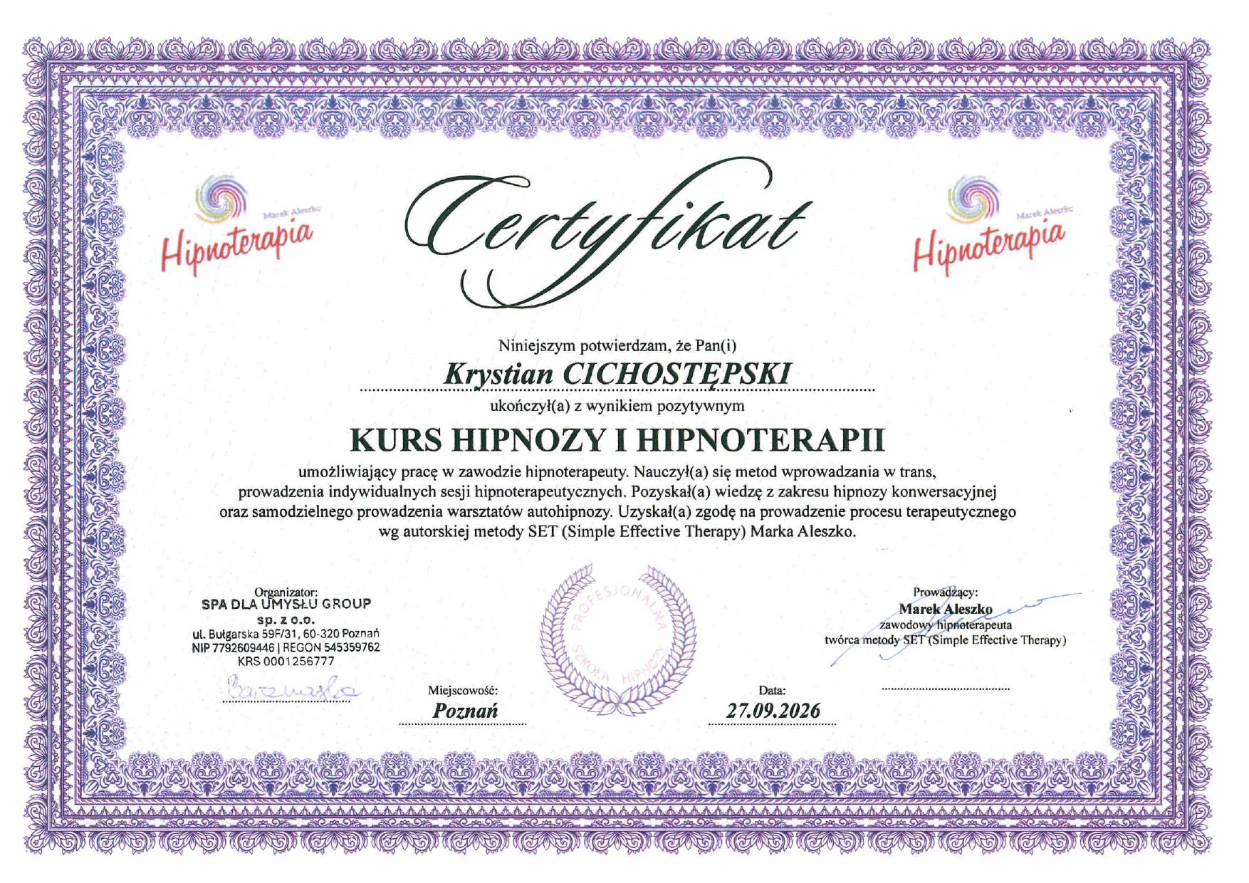 Certyfikat ukończenia Kursu hipnozy i hipnoterapii, Krystian Cichostępski, 27.09.2026
