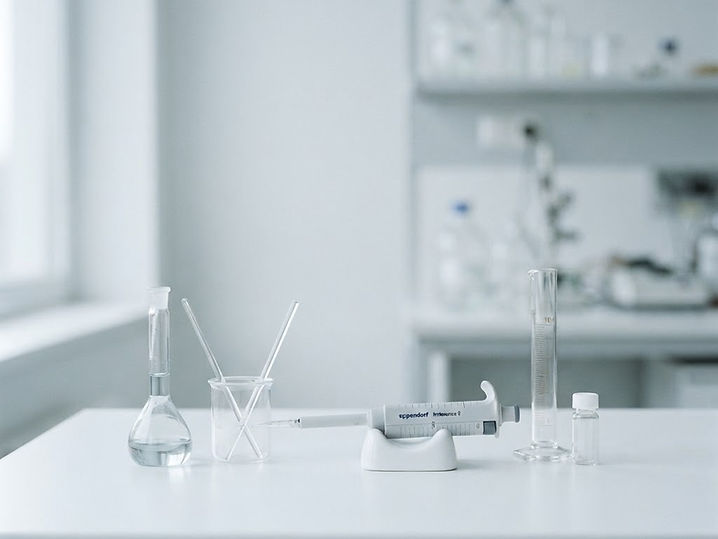 Laboratory glassware and a precision pipette on a clean bench