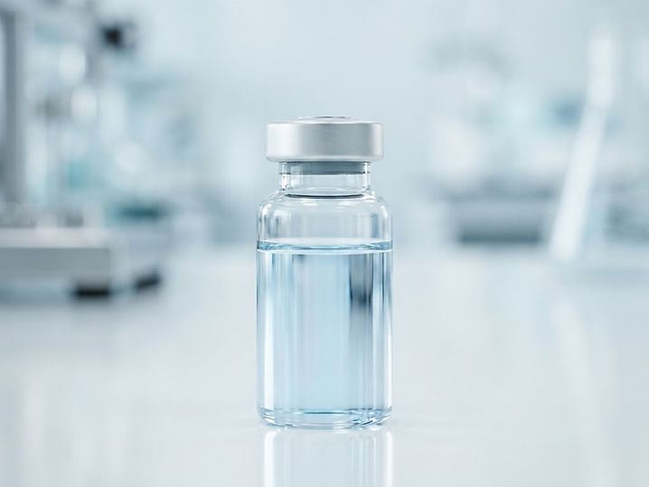 A single lyophilized research vial on a reflective laboratory surface