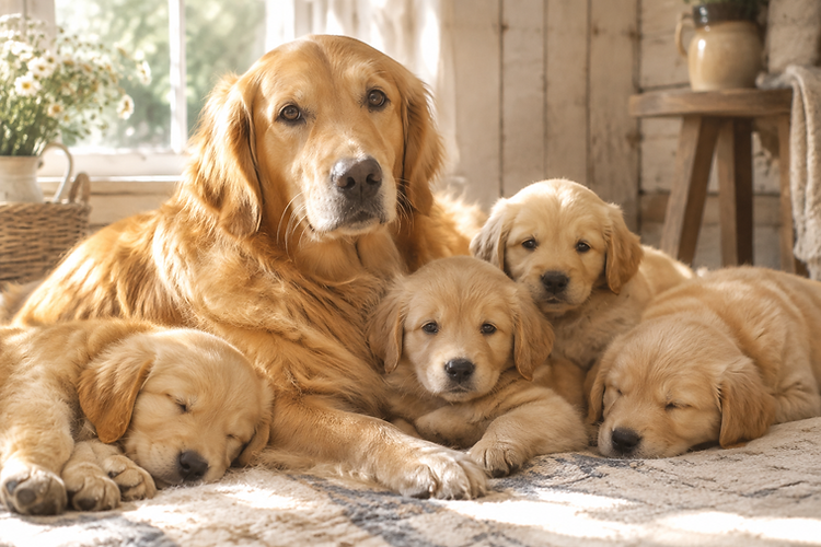 Golden Retriever mother with puppies