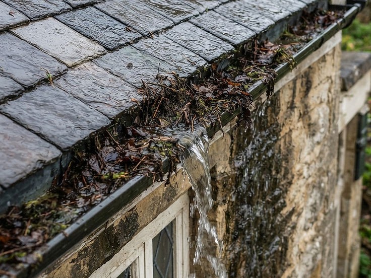 Gouttière bouchée par les feuilles et la mousse qui déborde le long de la façade