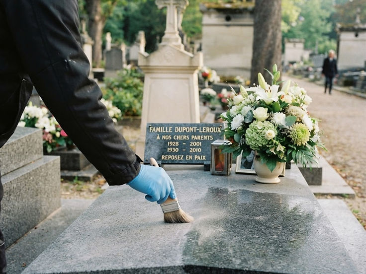 Entretien d'une sépulture : nettoyage doux d'une dalle en granit dans un cimetière