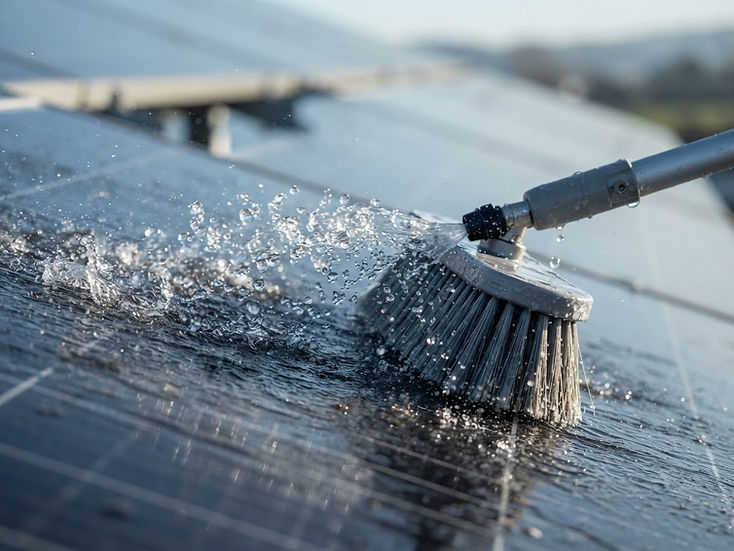 Nettoyage d’un panneau solaire à l’eau pure osmosée avec une brosse professionnelle