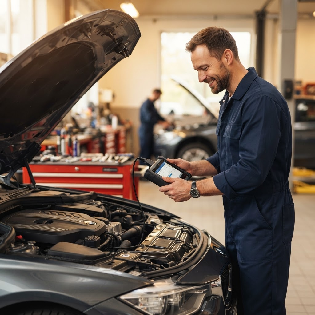 A mechanic at Merv's Auto Repair servicing a customer's engine