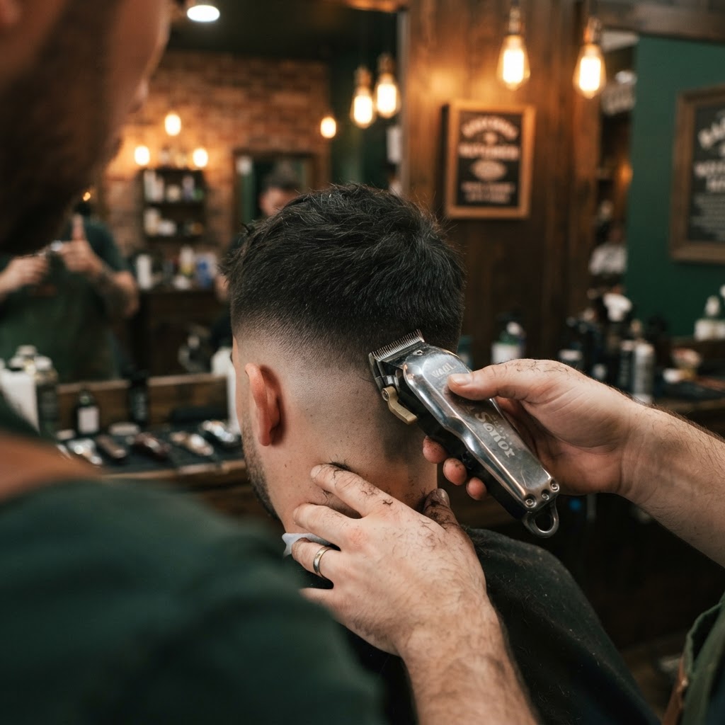 A barber at Sam's giving a precise fade haircut with clippers